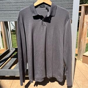 Theory Men’s 100% Pima Cotton Gray Long Sleeve Interlock Polo Shirt Size Large
